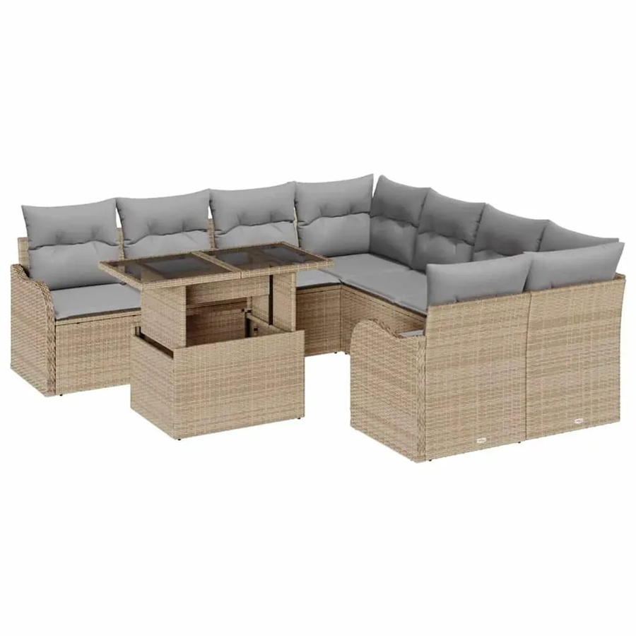 vidaXL 9-teiliges Garten-Sofa-Set aus Poly Rattan in Beige-grau mit Polsterung und Kissen - Bild 2