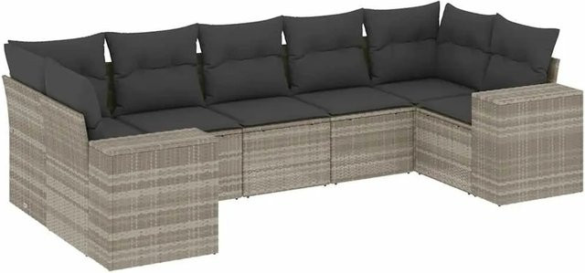 vidaXL 7-tlg. Garten-Sofagarnitur in L-Form aus Poly Rattan und Metall mit Kissen in Hellgrau - Bild 1