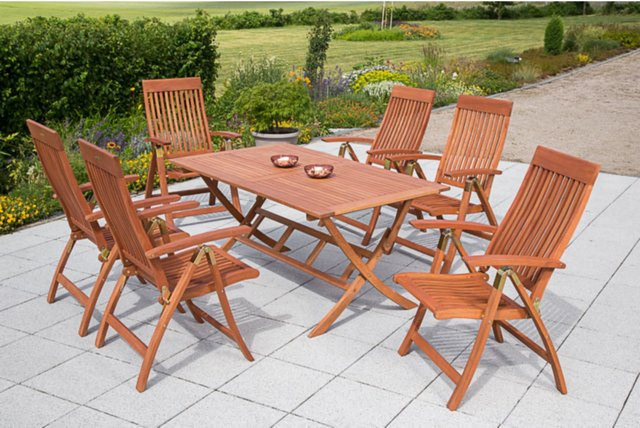 Merxx Tischgruppe Comodoro 7-teilig aus Eukalyptusholz in Braun mit Scherenklapptisch, B/T: 160 x 90 cm - Bild 1