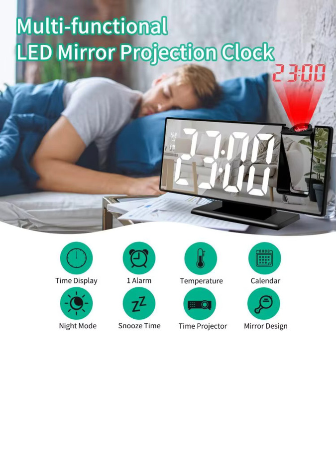 NieNie Digitaler Projektionswecker mit 180 Grad Armprojektion, Temperaturanzeige und Snooze-Funktion, Schwarz, USB-Betrieb - Bild 7