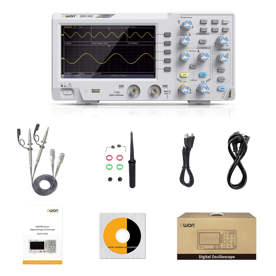 Owon SDS1102 Digitales Oszilloskop in Grau mit 100 MHz Bandbreite, 2 Kanälen und 1 GS/s Abtastrate sowie 7-Zoll-TFT-Display - Bild 6