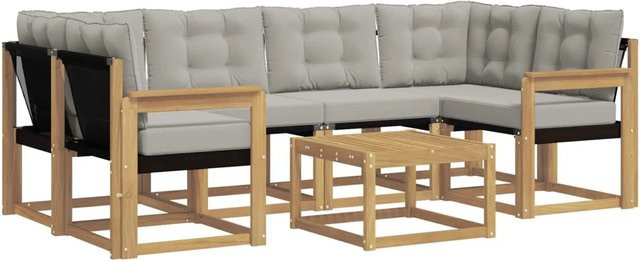 vidaXL Outdoor-Sofagarnitur 7-teilig aus Akazienholz mit Textilene und Kissen in Weiß-Hellgrau - Bild 1