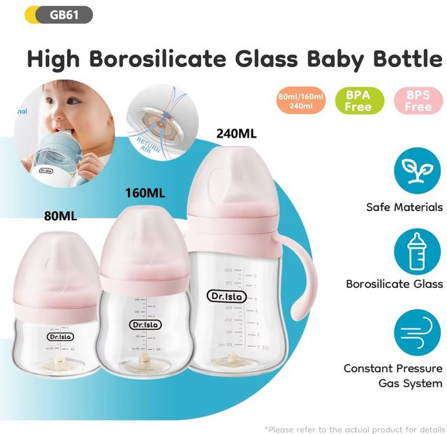 MAMIJOY Babyflasche aus Borosilikatglas mit Anti-Colic-Ventil und Messskala, Weitmund, Pink, 240 ml - Bild 1