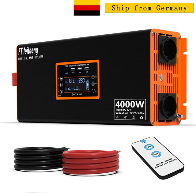 Reiner Sinus-Wechselrichter 12 V auf 220 V / 230 V in Schwarz mit EU-Stecker und Fernbedienungskabel für Wohnmobil, Solar und Werkzeuge (4000 W / 3000 W / 2500 W) - Bild 1