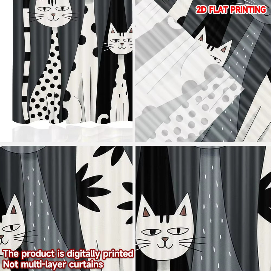 2er-Set Szenenvorhänge mit Cartoon-Katzen-Motiv, digital bedruckte Polyester-Vorhänge für den Innenbereich, Mehrfarbig - Bild 5