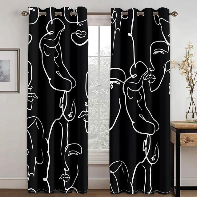 Yiran Furniture Boho Fenster Vorhänge mit abstraktem Morandi Design, 2er-Set aus Polyester, semi-transparent, Breite: 150 cm, Höhe: 166 cm - Bild 1