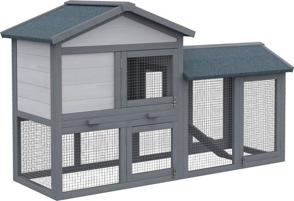 PawHut Kleintierstall mit Freilauf aus Tannenholz für Zwergkaninchen, Zwerghühner und Meerschweinchen, grau, B/T/H: 147 x 54 x 84 cm