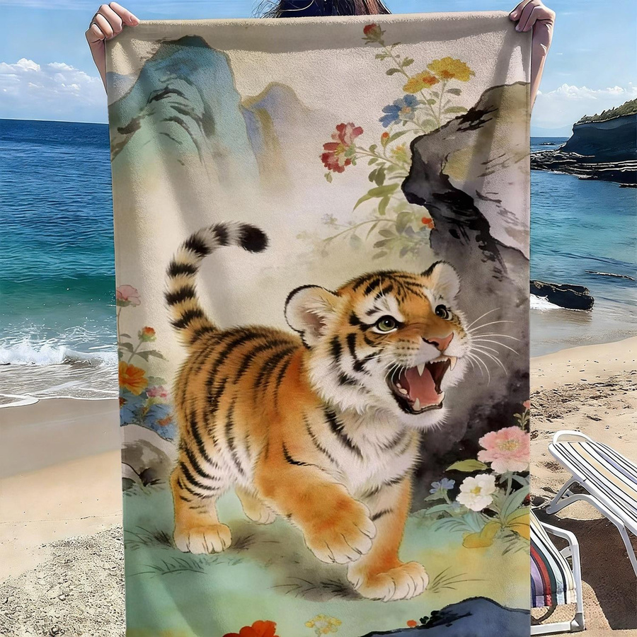 Saugfähiges Strandtuch aus Polyester-Mikrofaser mit Cartoon-Tiger-, Blumen- und Felsmuster in Multicolour, Breite: 40 cm, Höhe: 60 cm - Bild 2