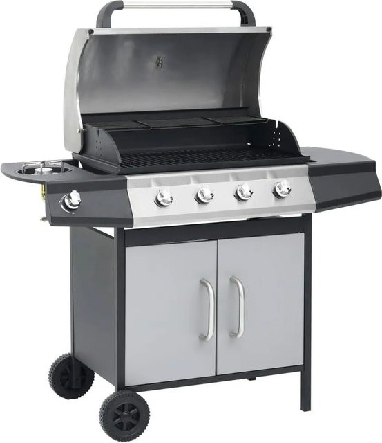 vidaXL Gasgrill Flammen aus Stahl und Edelstahl in Schwarz und Silber mit integriertem Thermometer und Rollen - Bild 1