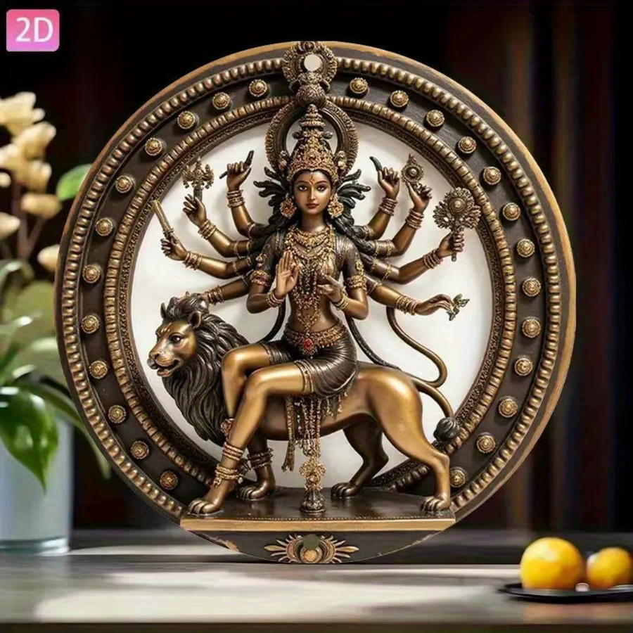 HELLOYOUNG Vintage Hindu-Göttin Durga Statue als Wandkunst-Plakette aus Aluminium in Gold und Schwarz mit Löwenhalterung - Bild 2