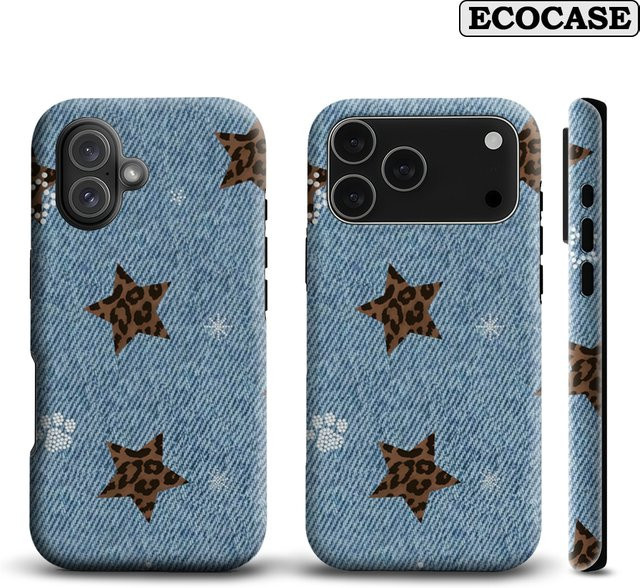 Potdemiel Handyhülle Denim Leopard Star für iPhone 17 16 15 14 13 Pro Max Plus mit doppelschichtiger Rückseite in Blau - Bild 1