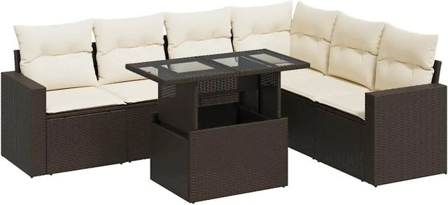 vidaXL 7-teilige Garten-Sofagarnitur in L-Form aus braunem Poly-Rattan mit cremeweißen Kissen und pulverbeschichtetem Stahlgestell - Bild 1