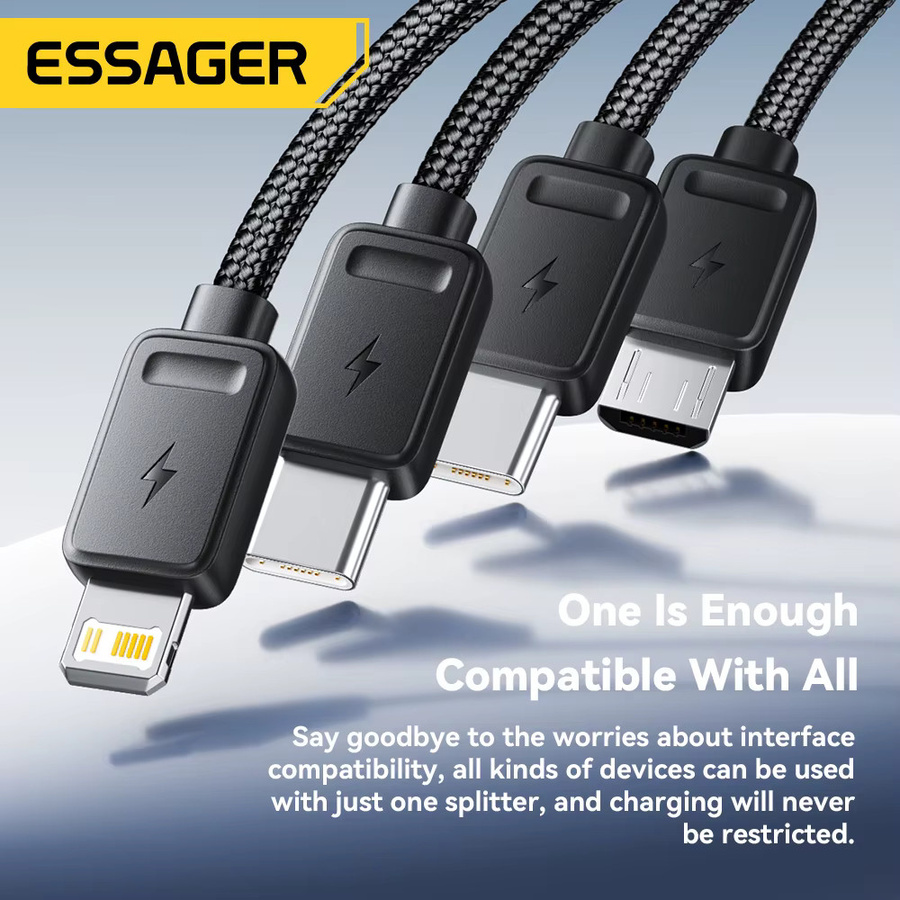 Essager 4-in-1 Schnellladekabel Schwarz mit USB-C, Micro-USB und Lightning Adaptern - Bild 5