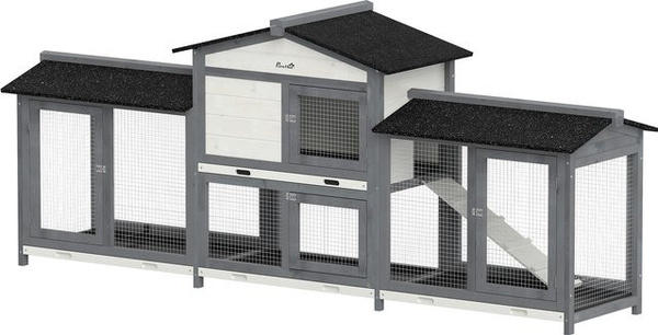 PawHut Hasenstall aus Holz mit 2 Etagen und Asphaltdach, winterfester Kaninchenstall für 2-4 Zwergkaninchen, grau, B/T/H: 230 x 53 x 93,5 cm