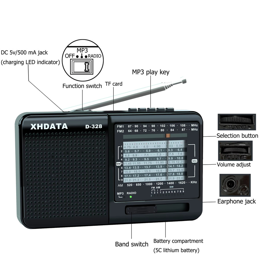 XHDATA D-328 Tragbarer DSP-Radioempfänger mit AM/FM/SW, Bluetooth, USB und MP3-Player in Schwarz - Bild 2
