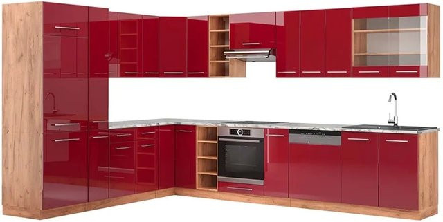 Vicco Fame-Line Eckküche Bordeaux Hochglanz und Goldkraft Eiche mit Marmor-Optik, B: 347 cm, B: 257 cm - Bild 1