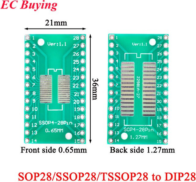 PCB Adapter Platte für SOP28 SSOP28 TSSOP28 zu DIP28 Umwandlung, 2,54mm Pitch, Farbe: Grün - Bild 1