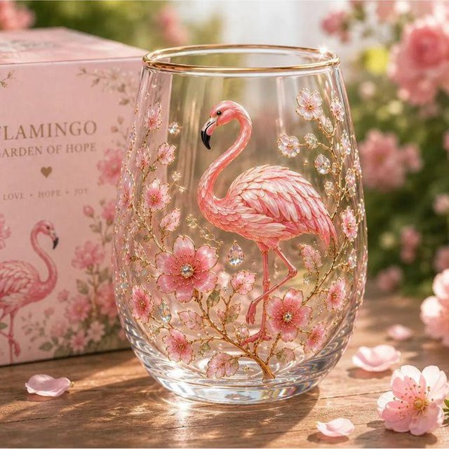 ABXMAS Glasbecher Vintage mit Tier- und Blumenmuster, Goldrand, eiförmig, transparent, 300 ml - Bild 1
