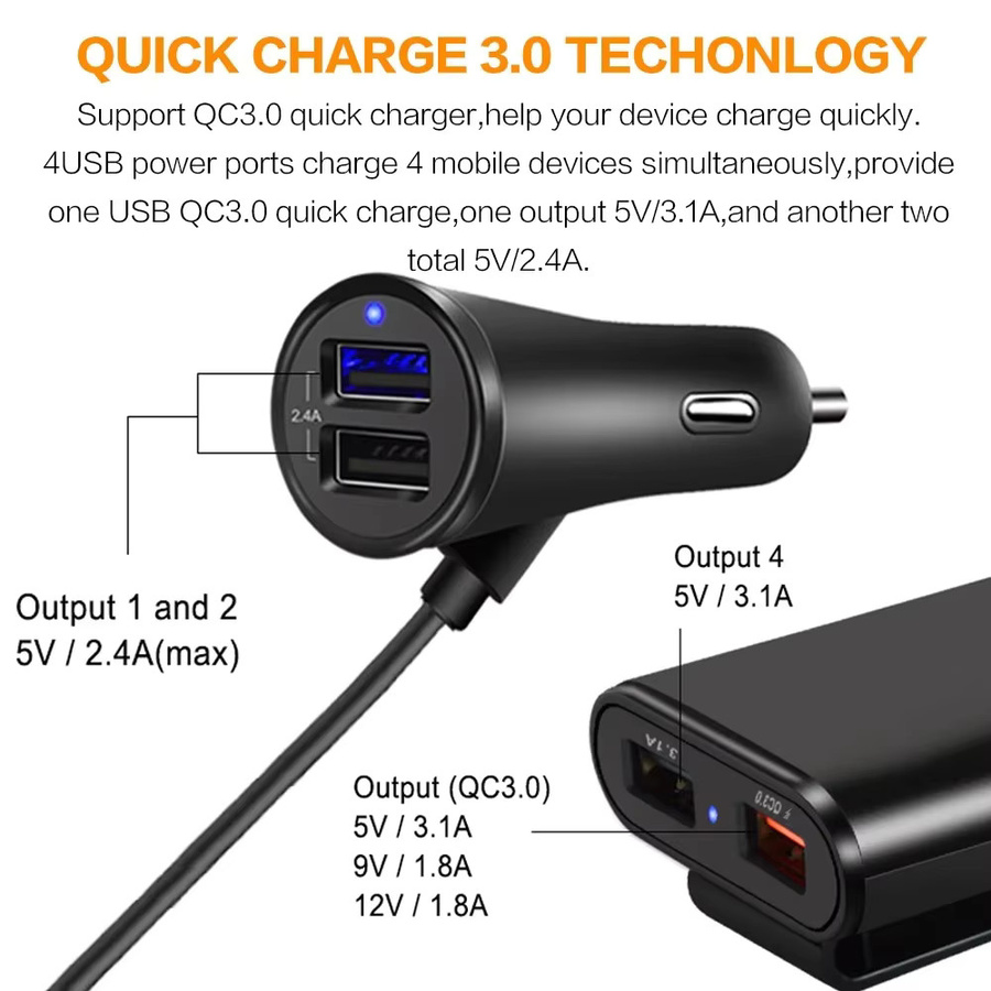 STONEGO 4-Port-USB-Autoladegerät-Adapter in Schwarz mit Schnellladung 3.0 und USB-A Anschlüssen für Vordersitz und Rücksitz - Bild 3