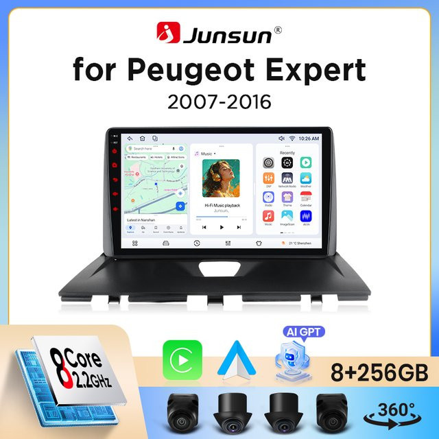Junsun Wireless CarPlay und Android Auto Autoradio für Peugeot Expert Mk2 (G9) 2007-2016 mit GPS, WiFi, Bluetooth und IPS-Touchscreen in Schwarz - Bild 1