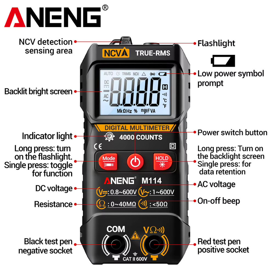 Digitales Multimeter ANENG M114 in Schwarz mit NCV-Spannungsprüfung und Signalton zur Messung von AC-Spannung, Widerstand und Strom - Bild 6