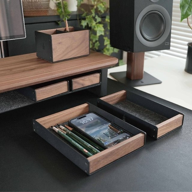 Massivholz Stifthalter und Desktop Storage Box in Braun mit Schublade zur Monitorerhöhung im Nordic Design - Bild 1