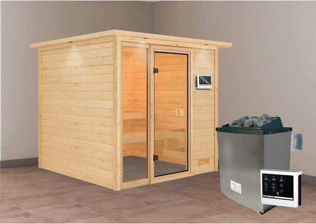 Karibu Massivholzsauna Jutta in Natur mit 9.0 kW Ofen, externem Steuergerät und LED-Dachkranz, B/T/H: 224 x 210 x 191 cm - Bild 1