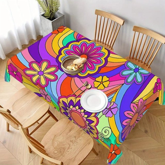 Wasserdichte und wiederverwendbare rechteckige Tischdecke mit Regenbogen-Blumenmuster von JINGYUE Pet, Mehrfarbig, B/T: 140 x 140 cm - Bild 1