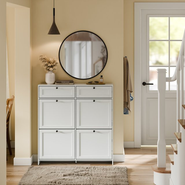 SoBuy Schuhschrank FSR208-W Schuhkommode in Weiß mit 2 Schubladen und 4 Klapptüren, Platzsparender Schuhkipper für Flur und Eingangsbereich, B/T/H: 100 x 19 x 107 cm - Bild 1