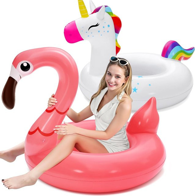 SLOOSH 2er-Pack aufblasbare Pool-Schwimmreifen in Einhorn- und Flamingo-Design für Strand und See - Bild 1