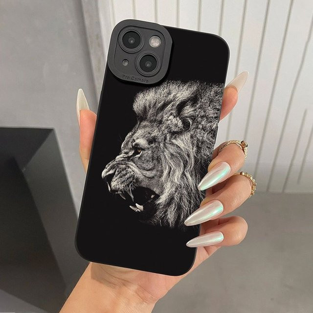Stoßfeste Silikon Handyhülle mit Löwen-Grafikmuster für iPhone 15 Pro Max 14 13 12 11 XS XR 7 8 Plus SE in Schwarz - Bild 1