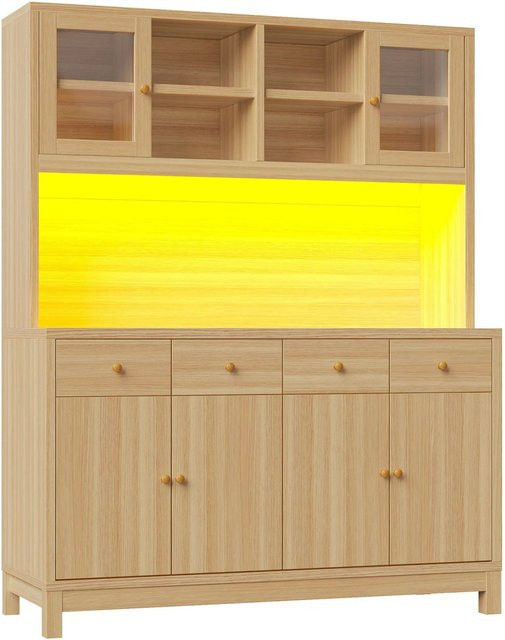 Merax Hochbuffetschrank mit RGB LED und Glastüren in Naturholz Braun, B/T/H: 140 x 38,5 x 180 cm - Bild 1