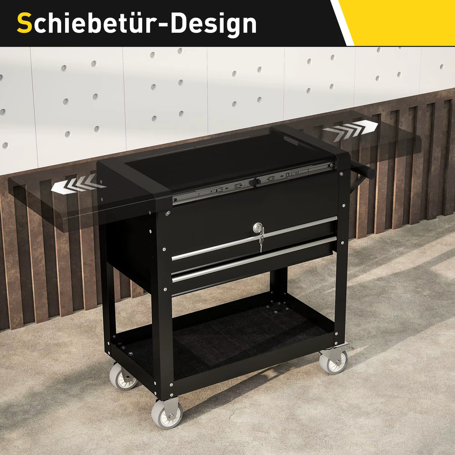 HOMCOM Werkstattwagen aus Stahl mit 2 Schubladen und Schiebedeckel in Schwarz, abschließbarer Werkzeugwagen mit Ablage und EVA-Matten, B/T/H: 130 x 80 x 38 cm - Bild 5