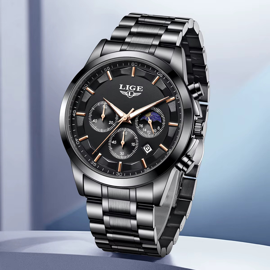LIGE Armbanduhr Chronograph, Quarz, Edelstahl, Schwarz, Herren - Bild 3