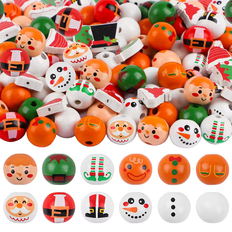 ZQNYCY DIY Weihnachten Holz Perlen Set mit Santa, Schneemann und Elf für Girlanden und Baumanhänger, Mehrfarbig - Bild 2