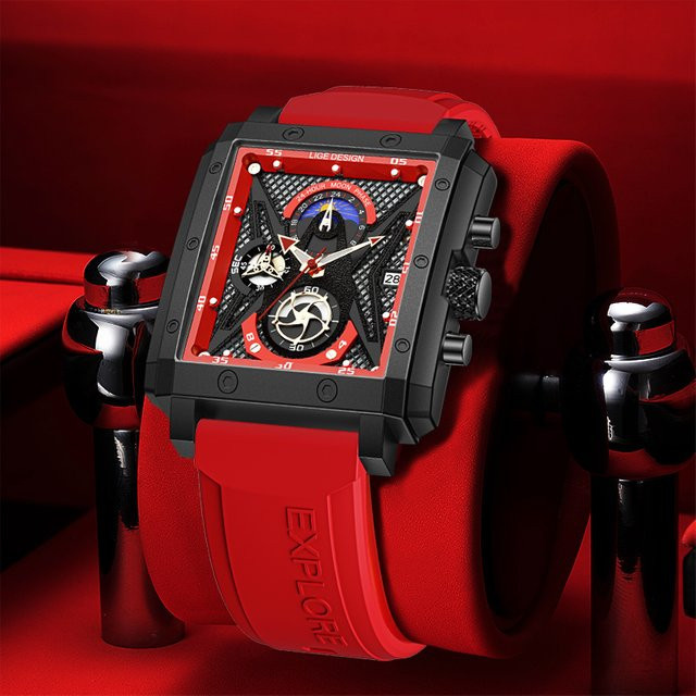 LIGE Armbanduhr Herren, Quarz, Chronograph, Rechteckig, Schwarz, Kautschuk - Bild 1