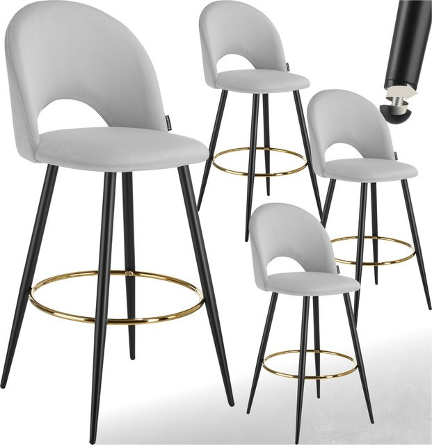 tectake Barstuhl Sachel Set aus 4 Stück in Samtoptik mit gepolsterter Sitzfläche und pulverbeschichteten Stahlbeinen, Grau/Schwarz, B/T/H: 58 x 49 x 110 cm - Bild 1