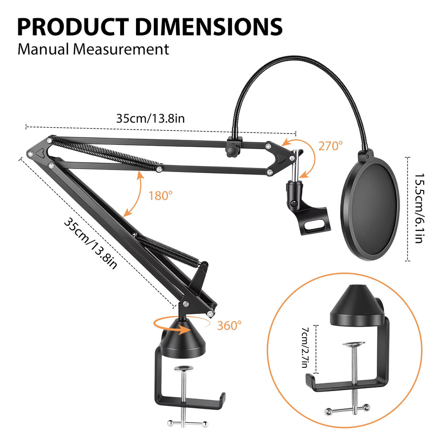 Verstellbarer Mikrofonarmständer mit Pop-Filter, Mikrofonclip und Kabelbindern in Schwarz für Blue Yeti, HyperX Quadcast, Elgato Wave und weitere Mikrofone mit 3/8 Zoll Anschluss - Bild 3