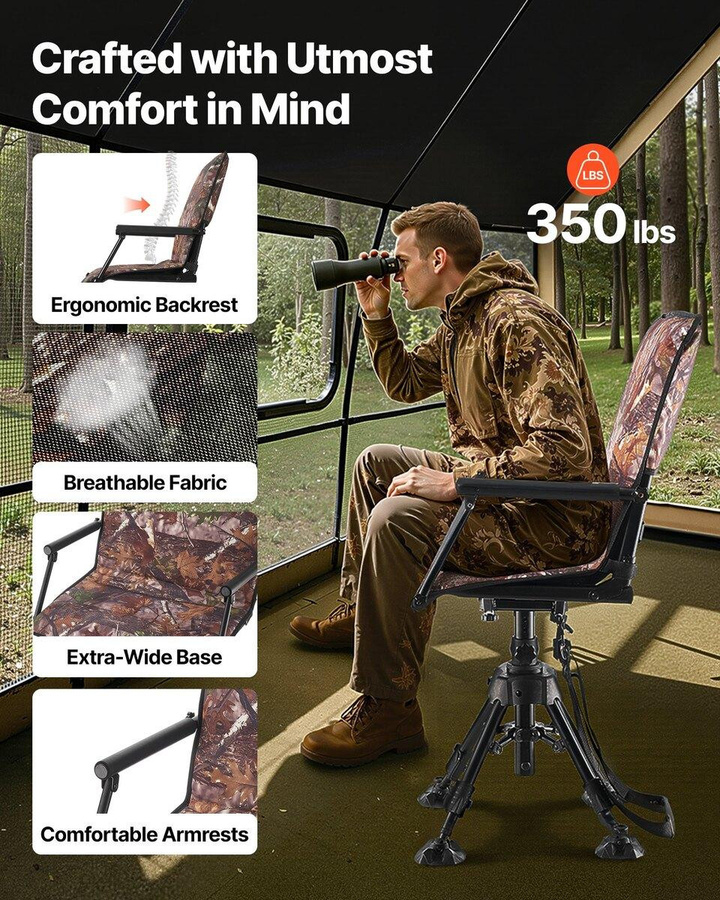 Buying Solutions MB Jagdstuhl in Tarnung, 360 Grad geräuschlos drehbar, faltbarer Jagdstuhl mit Stahlrahmen, Armlehnen und Einsinkschutz-Füßen - Bild 6