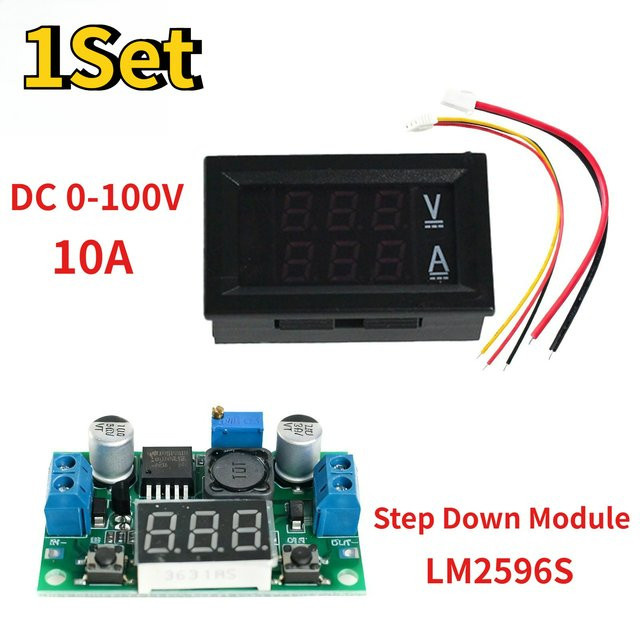 Digitales Voltmeter Amperemeter DSN-VC288 mit 0,28 Zoll LED-Anzeige und LM2596 Buck-Konverter-Modul in Rot-Blau-Schwarz - Bild 1