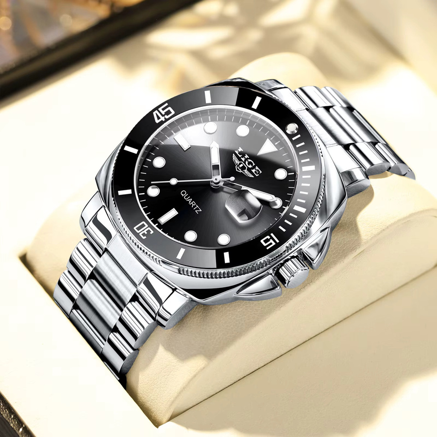 LIGE Armbanduhr Edelstahl, Quarz, Datum, Herren, Schwarz, Silber - Bild 6