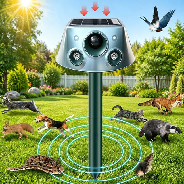 SAIJZEK Solarbetriebener Ultraschall-Mäusevertreiber mit 240 Grad Induktion für den Außenbereich zur Tierabwehr in Garten, Hof und auf dem Bauernhof - Bild 1
