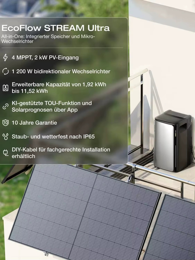 EcoFlow STREAM Ultra Balkonkraftwerk All-in-One Set mit 1,92 kWh Speicher und 2x 500W Solar Modulen - Bild 3