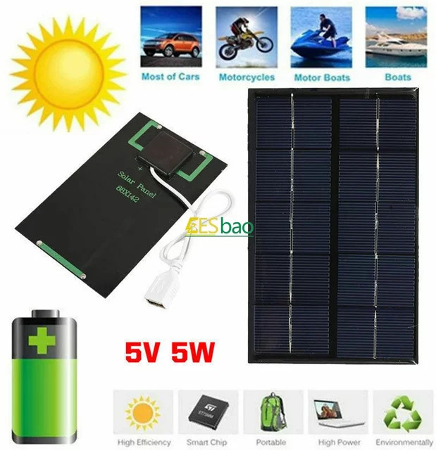 EESBAO USB Solar Panel 5W 5V Tragbares Polysilizium Solar Ladegerät Schwarz - Bild 1