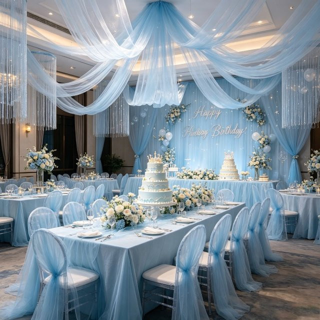 Himmelblauer transparenter Polyester-Tüllstoff auf Rolle für deine Dekoration von Hochzeitsbögen, Geburtstags-Hintergründen oder Geschenken - Bild 1