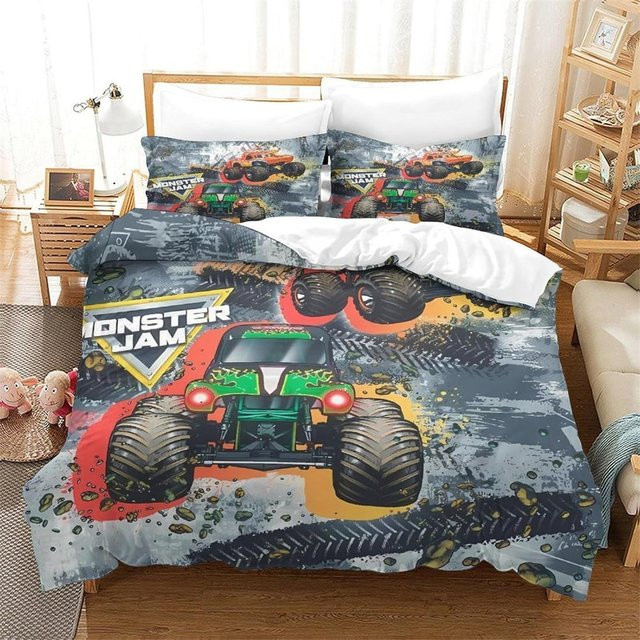 Flylo Bettwäsche-Set mit Monster Trucks Cartoon-Design, 2-teilig, B/H: 100 x 135 cm, Kissenbezug: 50 x 70 cm, Mehrfarbig - Bild 1