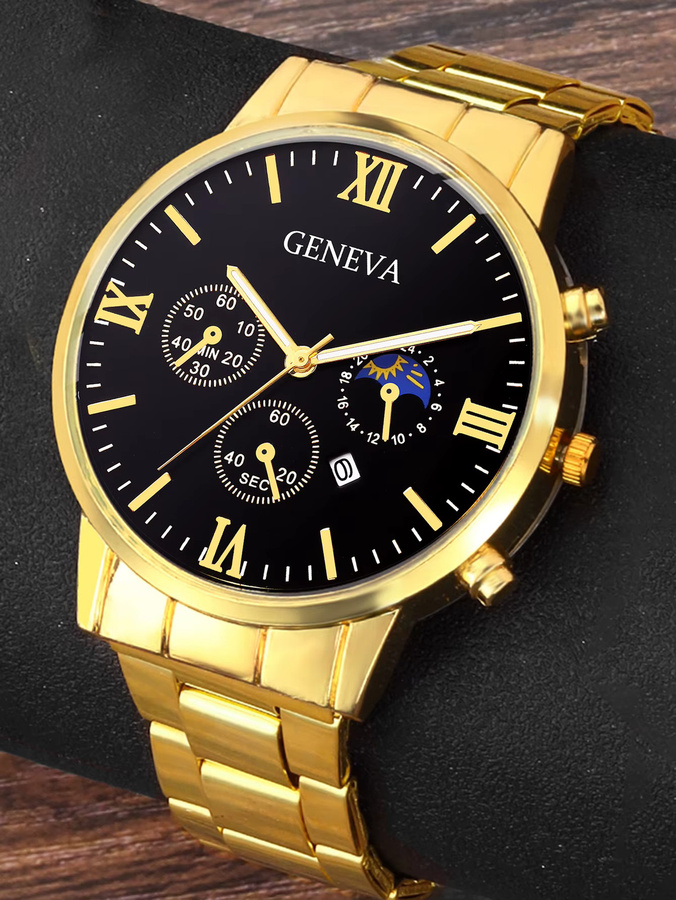 CMK Herren-Quarzuhr, Edelstahl, Gold, Schwarz, Analoguhr, Datum - Bild 3