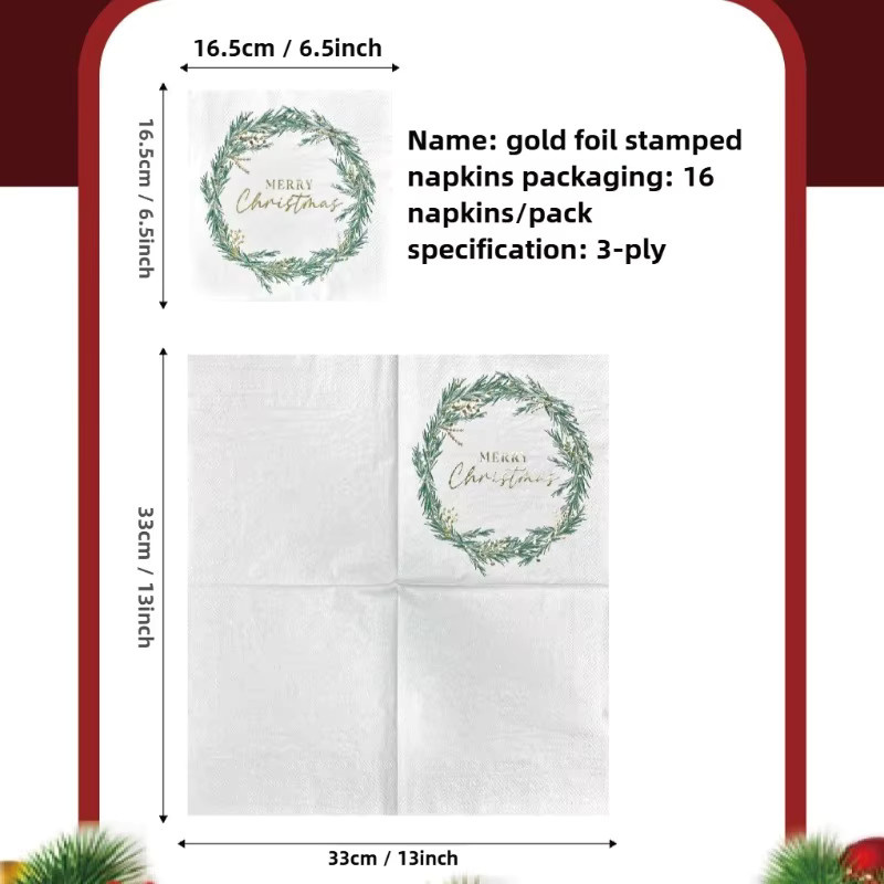 GUANYAO Weihnachtskranz Servietten mit Goldprägung, 16 Stück, Weiß/Gold, B: 33 cm, 3-lagig - Bild 6