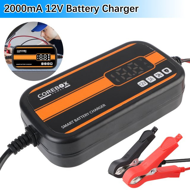 Intelligentes 12V 2A Automatik-Batterieladegerät für Auto, Wohnmobil, ATV und Boot mit LCD-Display, Schwarz-Orange - Bild 1