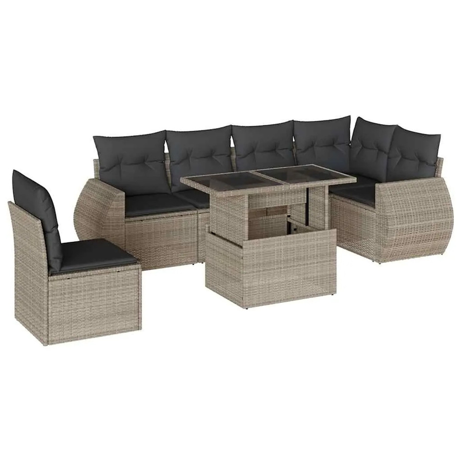 vidaXL 7-teilige Garten-Sofagarnitur aus Poly-Rattan in Hellgrau mit Kissen aus Polyester und pulverbeschichtetem Stahl - Bild 2